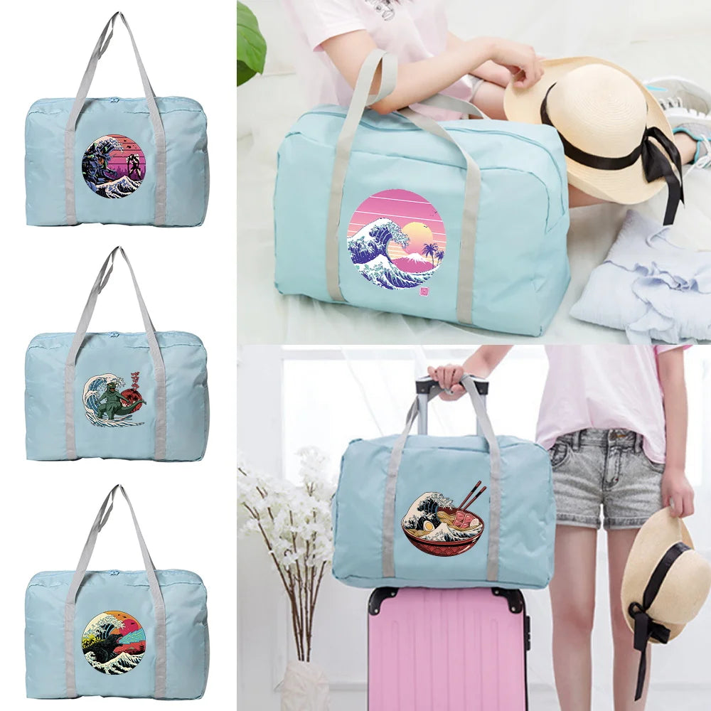 Foldable Wave Print Travel Bag Large Capacity Luggage Women Waterproof Handbags