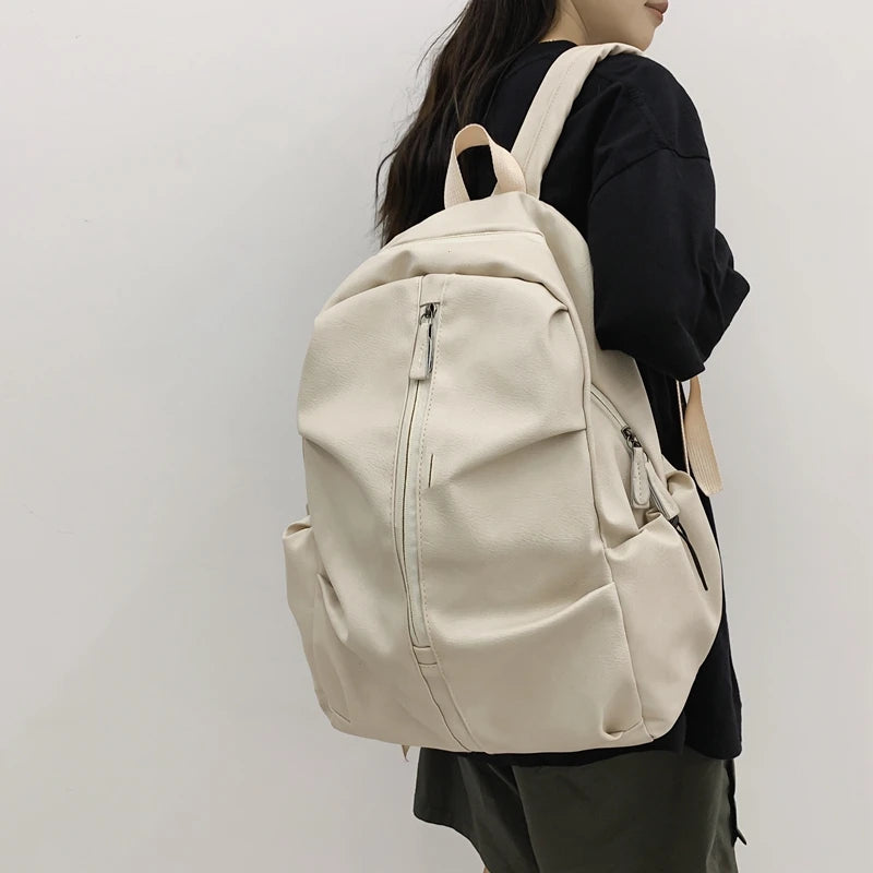 Folding Woman Backpack PU Leather Rucksack Multi-pocket Bagpacks School Bags