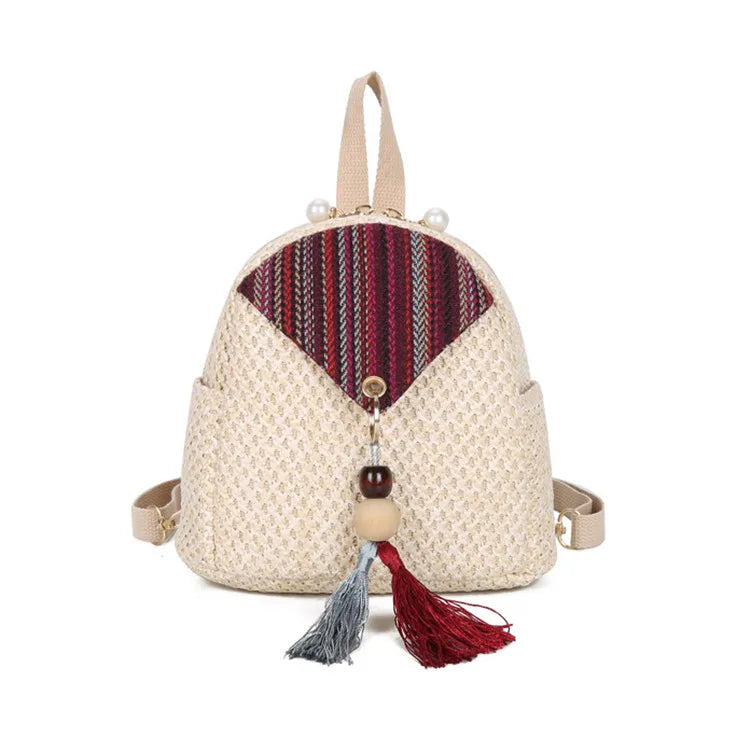 Folk Style Straw Bead Fringe Backpack