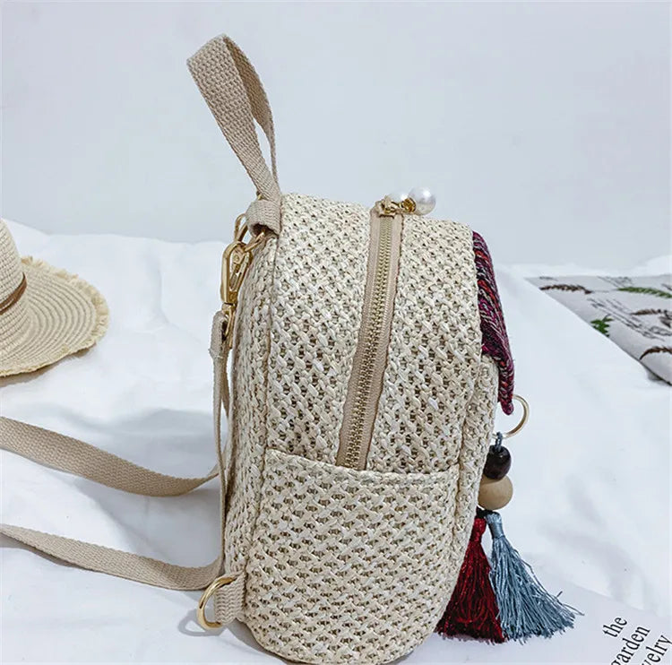 Folk Style Straw Bead Fringe Backpack