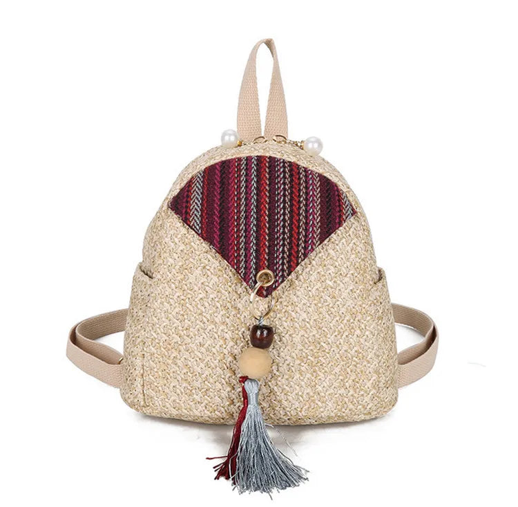 Folk Style Straw Bead Fringe Backpack