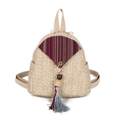 Folk Style Straw Bead Fringe Backpack