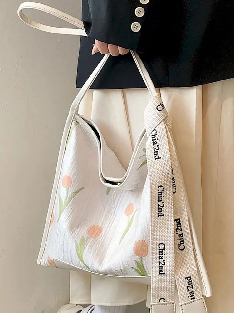 Foufurieux Ladies Handbag Tulip Flower and Cherry Pattern Tote Bag