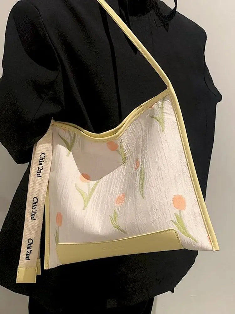 Foufurieux Ladies Handbag Tulip Flower and Cherry Pattern Tote Bag