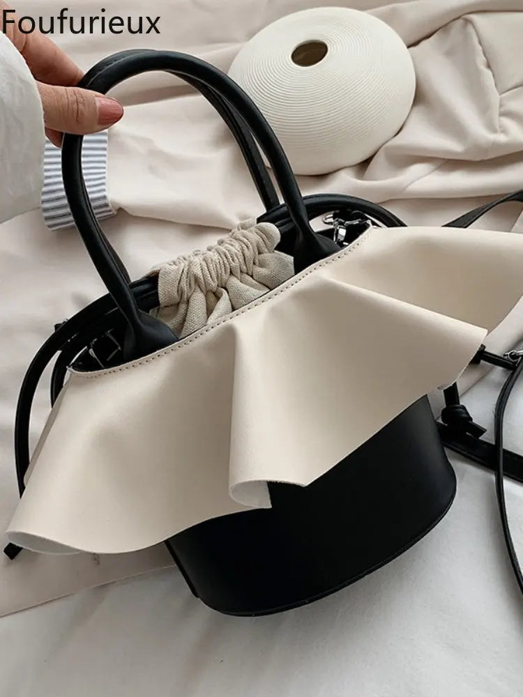 Foufurieux Drawstring PU Leather Bucket Bag- Women's Crossbody Handbag