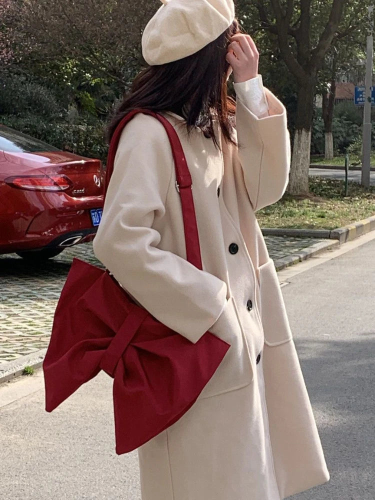 Foufurieux Female Canvas Shoulder Bag with Big Bow