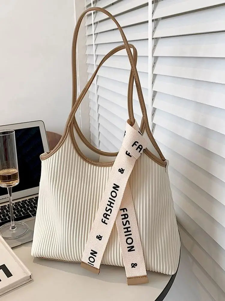 Foufurieux Large-capacity Women Shoulder Bag Pleated Style Tote Bag PU