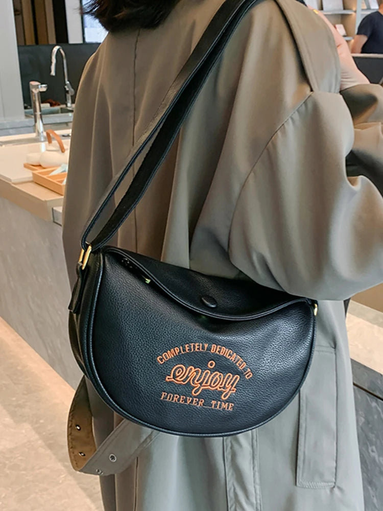 Foufurieux Leather Shoulder Bag Women Wide Strap Cowhide Messenger