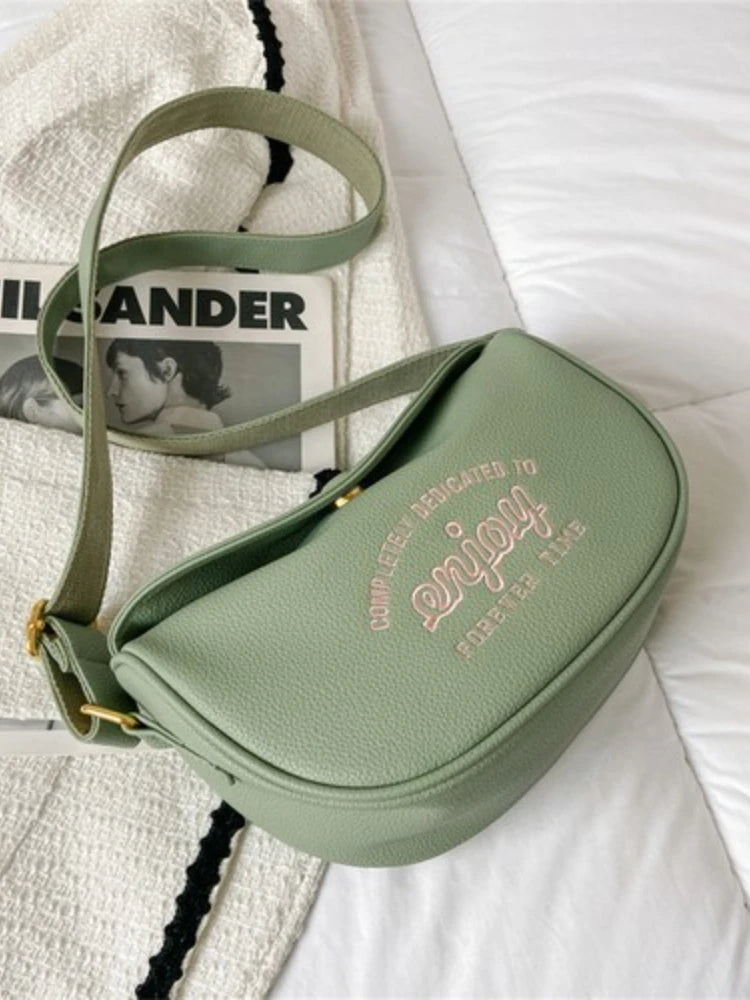 Foufurieux Leather Shoulder Bag Women Wide Strap Cowhide Messenger