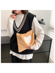 Fluffy Winter Big Shoulder Bag Love Heart Pattern Soft Plush Warm Fur Tote