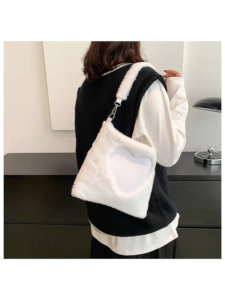 Fluffy Winter Big Shoulder Bag Love Heart Pattern Soft Plush Warm Fur Tote