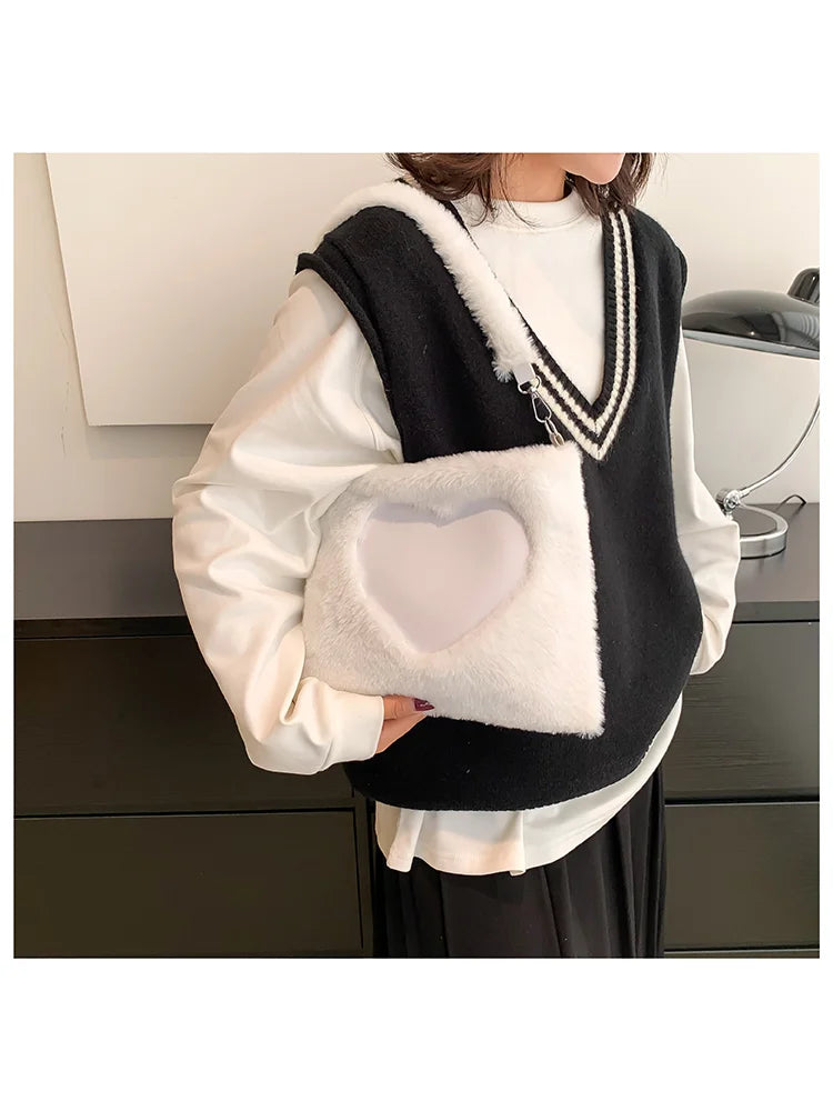 Fluffy Winter Big Shoulder Bag Love Heart Pattern Soft Plush Warm Fur Tote