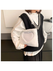 Fluffy Winter Big Shoulder Bag Love Heart Pattern Soft Plush Warm Fur Tote