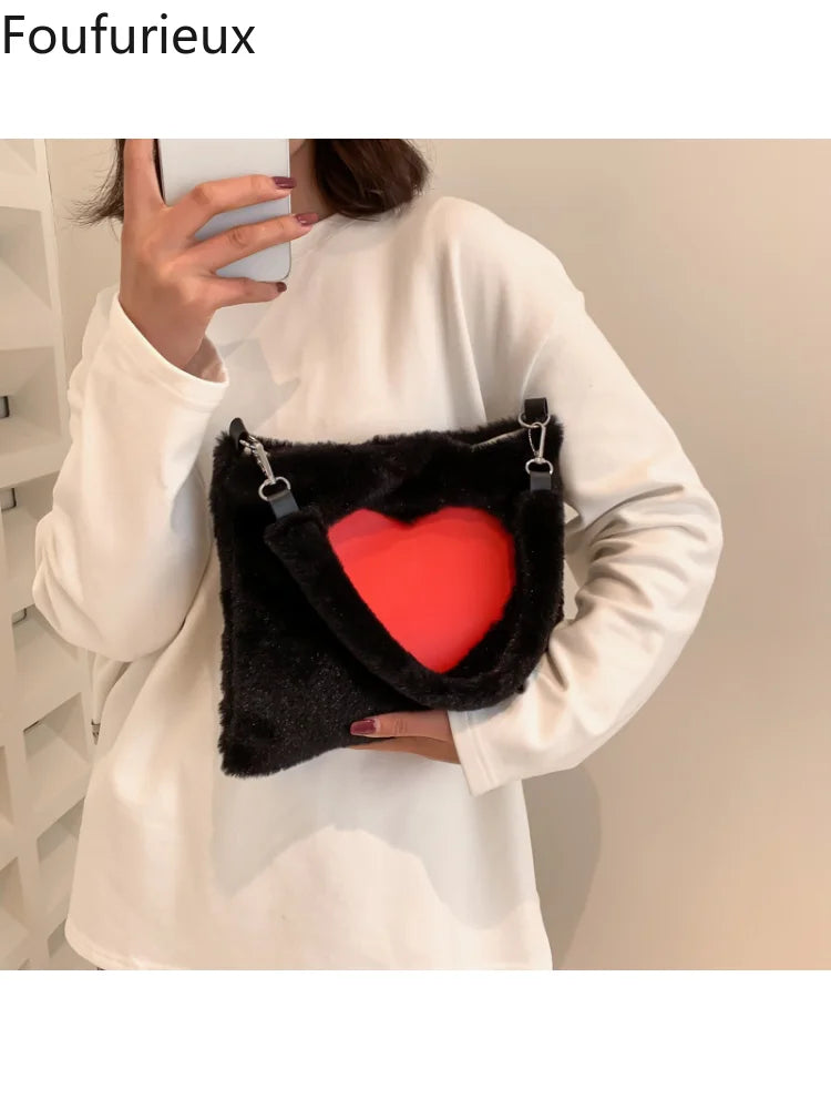 Fluffy Winter Big Shoulder Bag Love Heart Pattern Soft Plush Warm Fur Tote