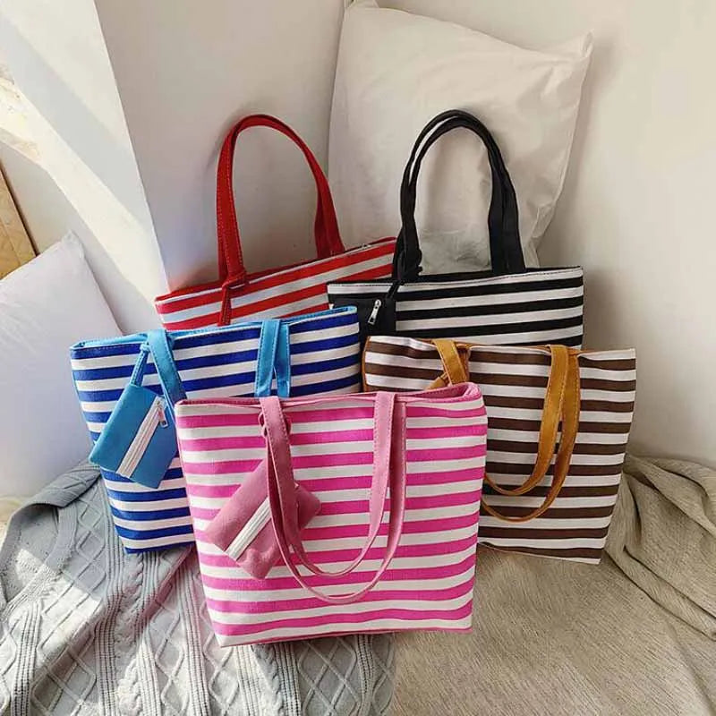 Striped Canvas Large Shoulder Tote Beach Bag