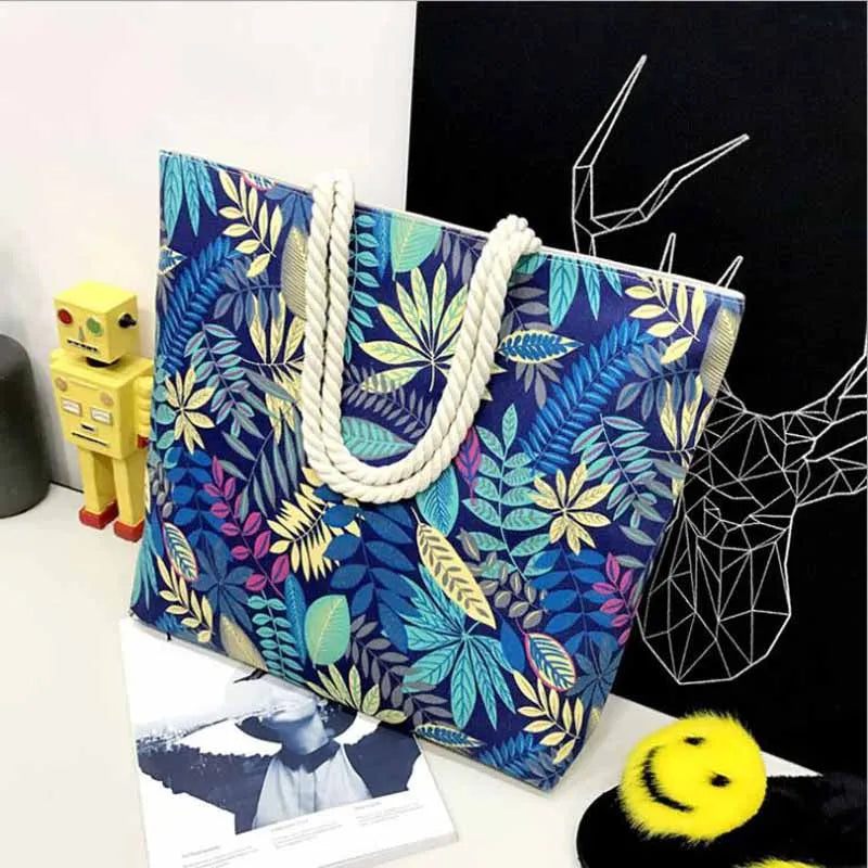 Canvas Striped Shoulder Tote Beach Bag for Women - Colored Stripes