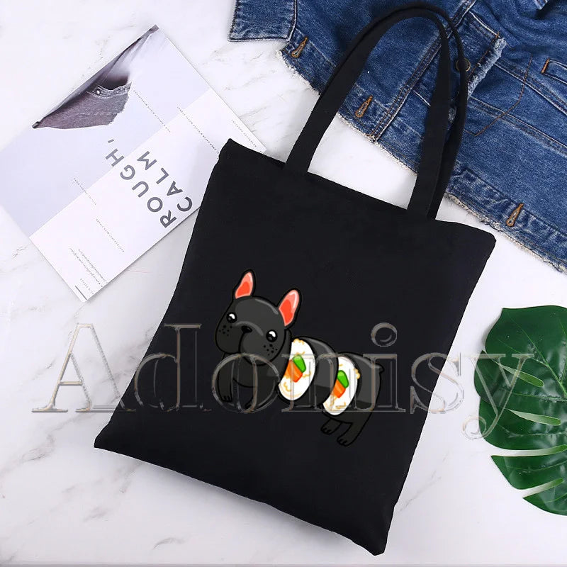 French Bulldog Cartoon Canvas Bag Harajuku Shopper Bag Casual Shoulder