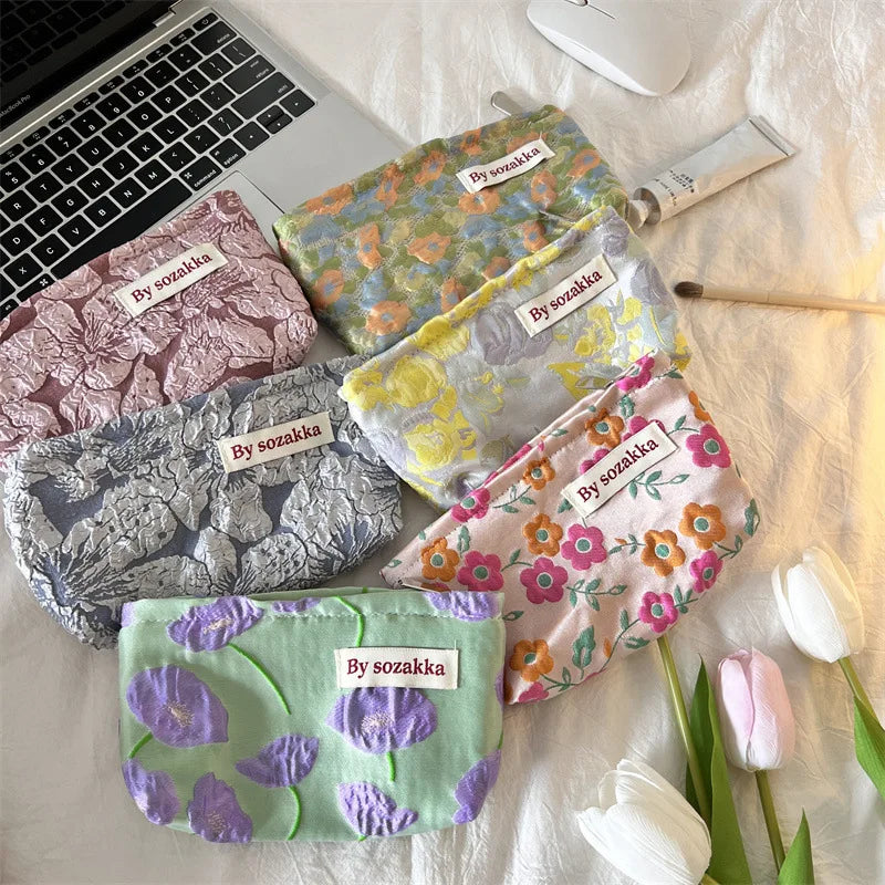 French Embossed Flowers Print Cosmetic Bag Portable Handbag