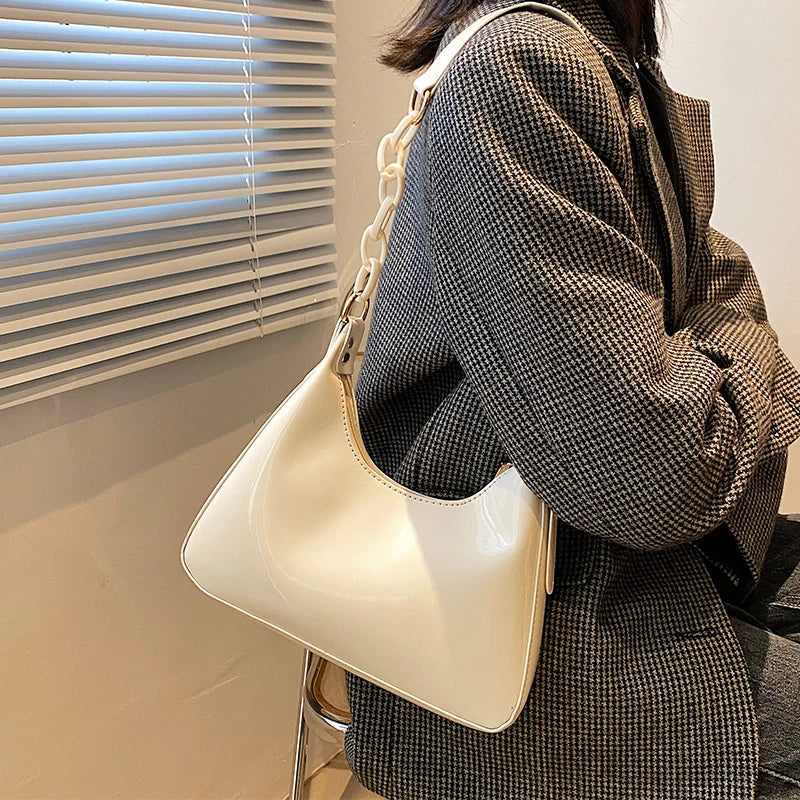 French Glossy Patent Leather Underarm Bag For Women
