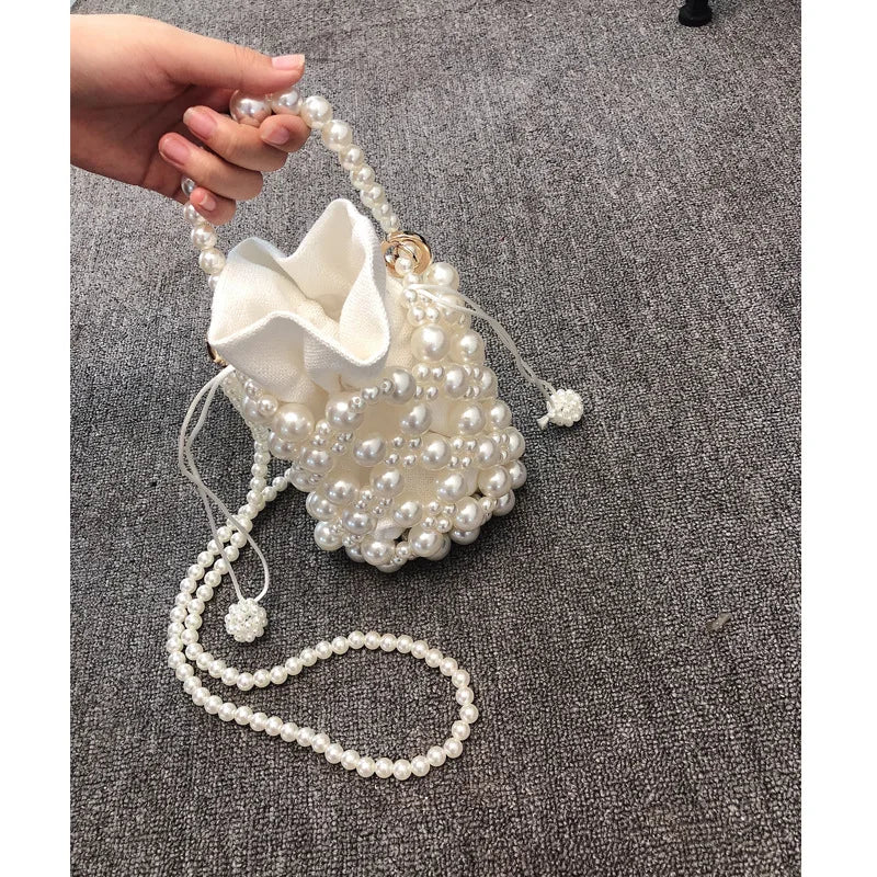 French Hand Woven Beaded Pearl Bucket Bag Hand Carried Messenger Bag