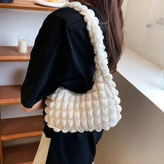 French Pleated Small Square Underarm Bag Women Casual Solid Zipper Handbag