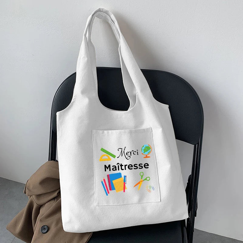 French Print Women Canvas Shopping Bag Eco Shoulder Bags Thank You Mistress