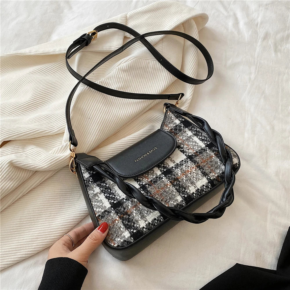 French Style Plaid Underarm Shoulder Bag Woolen Crossbody Handbag