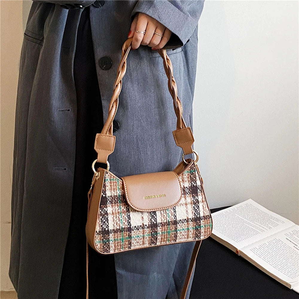 French Style Plaid Underarm Shoulder Bag Woolen Crossbody Handbag