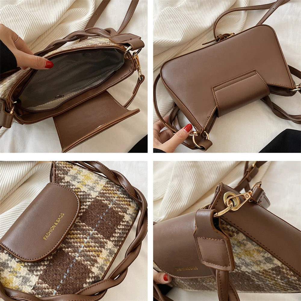 French Style Plaid Underarm Shoulder Bag Woolen Crossbody Handbag