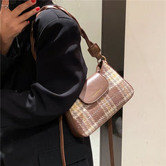 French Style Plaid Underarm Shoulder Bag Woolen Crossbody Handbag