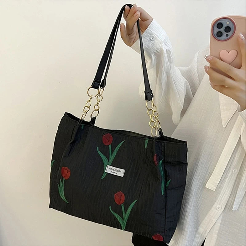 French Sweet Women Shoulder Bag with Zipper Large Capacity Handbag