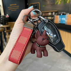 French Fighting Dog Horseshoe Buckle Car Keychain Leather Rope Key Chain