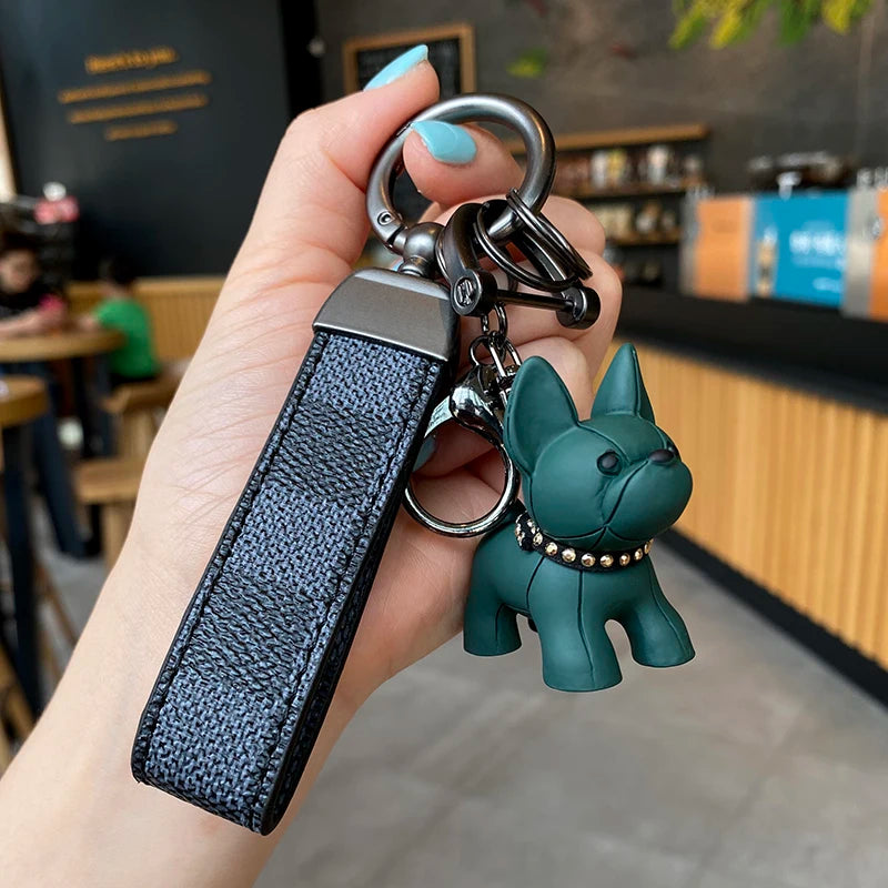 French Fighting Dog Horseshoe Buckle Car Keychain Leather Rope Key Chain