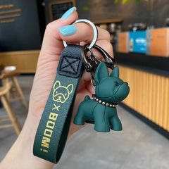 French Fighting Dog Horseshoe Buckle Car Keychain Leather Rope Key Chain