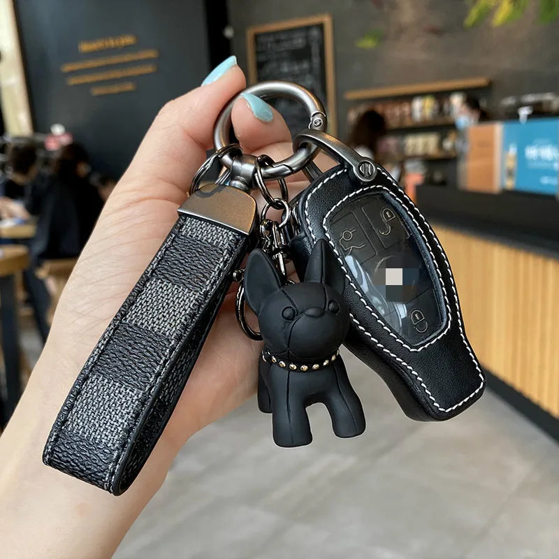 French Fighting Dog Horseshoe Buckle Car Keychain Leather Rope Key Chain