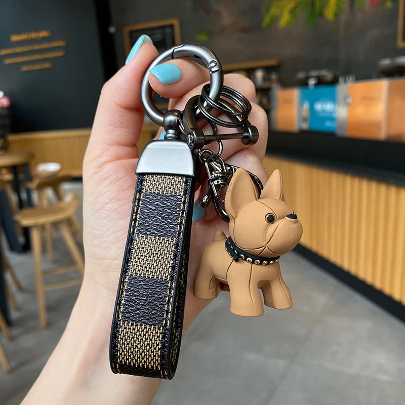 French Fighting Dog Horseshoe Buckle Car Keychain Leather Rope Key Chain