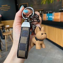 French Fighting Dog Horseshoe Buckle Car Keychain Leather Rope Key Chain