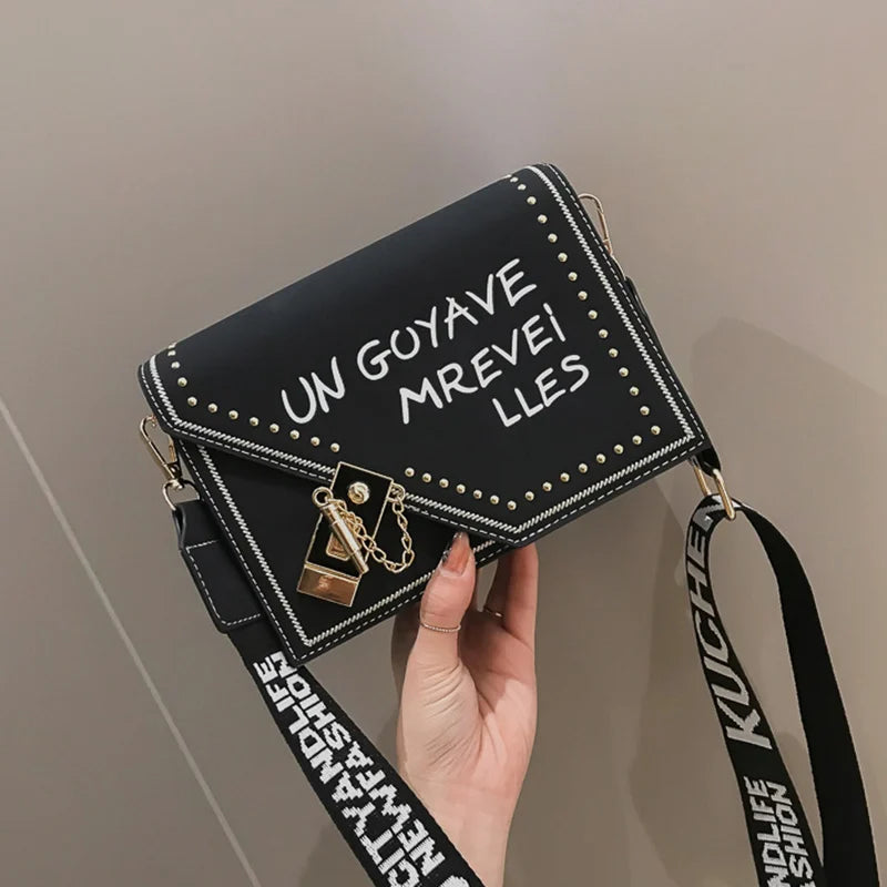 Frosted Letter Shoulder Bag with Lock and Strap
