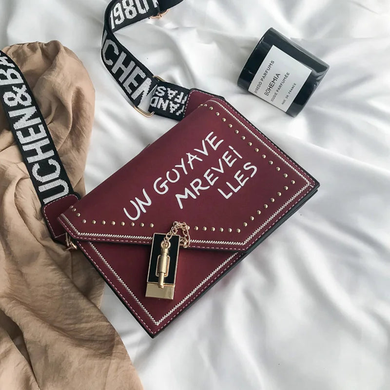 Frosted Letter Shoulder Bag with Lock and Strap