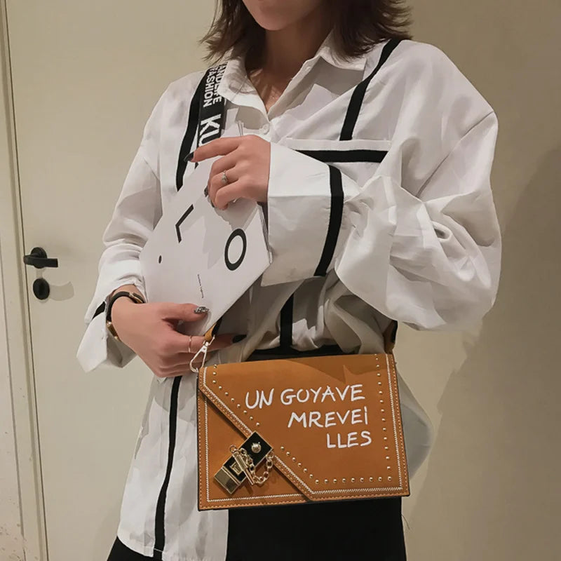 Frosted Letter Shoulder Bag with Lock and Strap