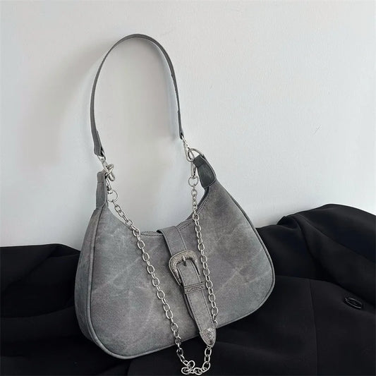 Vintage Solid Chain Zipper Armpit Bag Frosted Polyester Women's Shoulder Bag