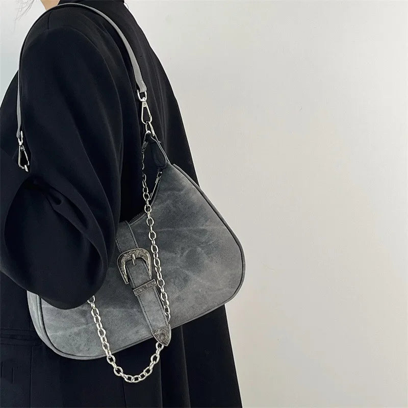 Vintage Solid Chain Zipper Armpit Bag Frosted Polyester Women's Shoulder Bag