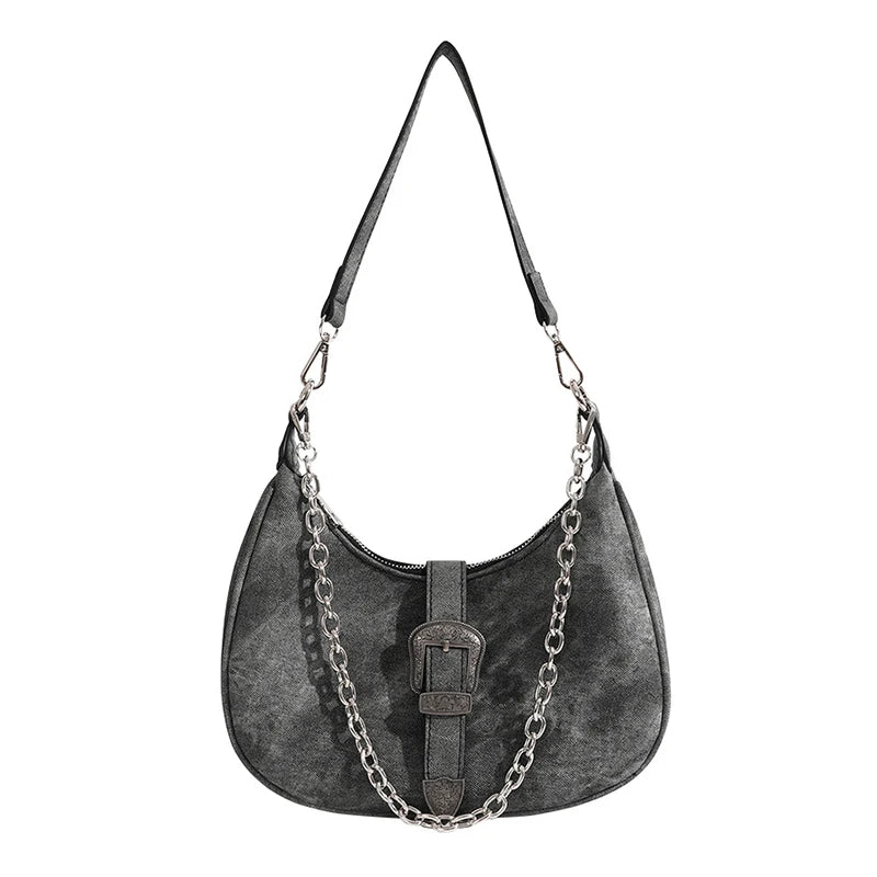 Vintage Solid Chain Zipper Armpit Bag Frosted Polyester Women's Shoulder Bag