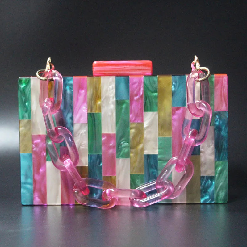 Fuchsia Striped Acrylic Box Clutch Evening Party Shoulder Purse