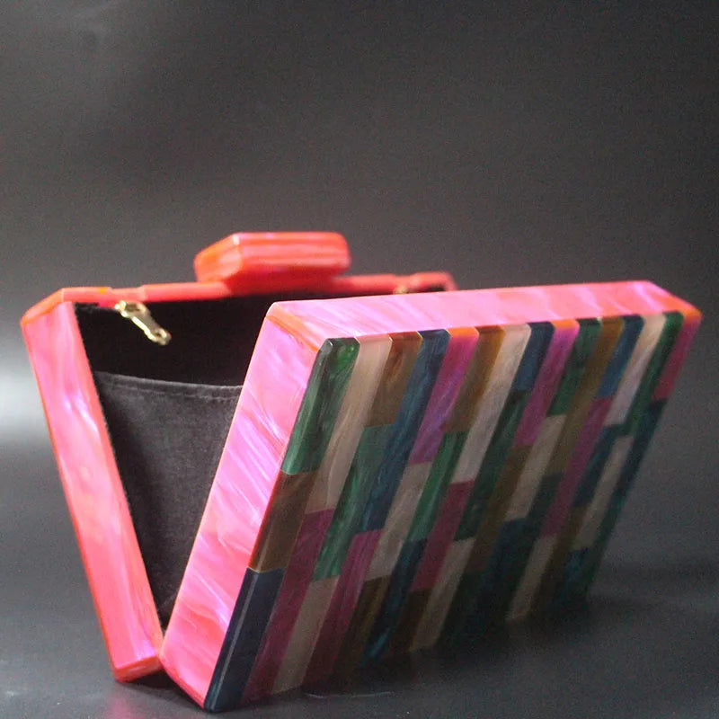 Fuchsia Striped Acrylic Box Clutch Evening Party Shoulder Purse