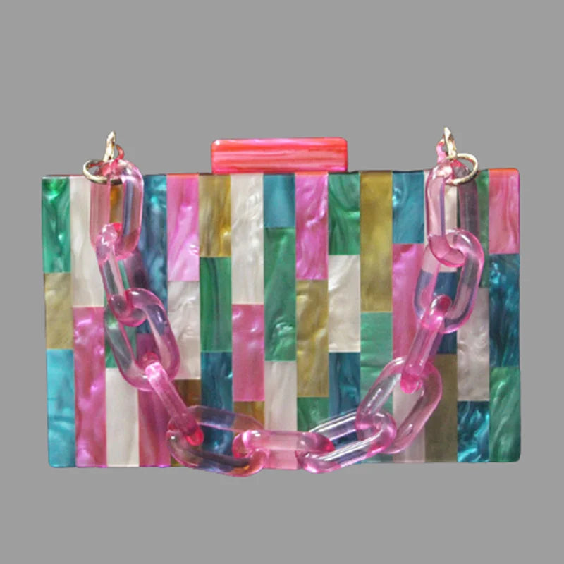 Fuchsia Striped Acrylic Box Clutch Evening Party Shoulder Purse
