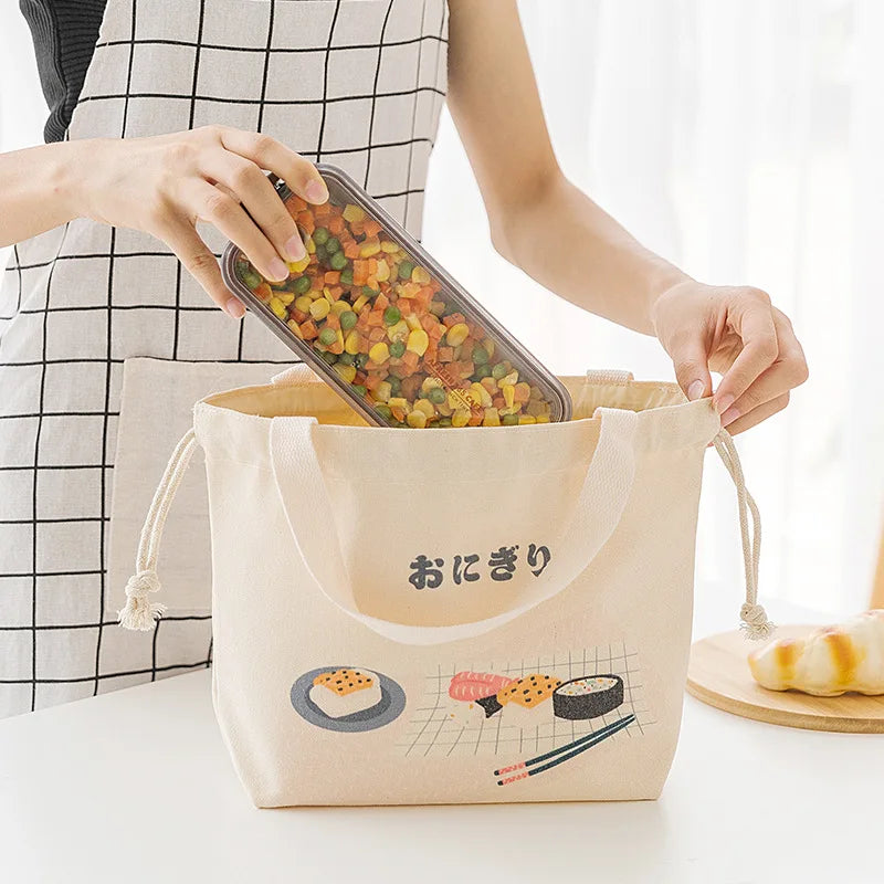 Functional Pattern Cooler Lunch Box Portable Insulated Canvas Lunch Handbag