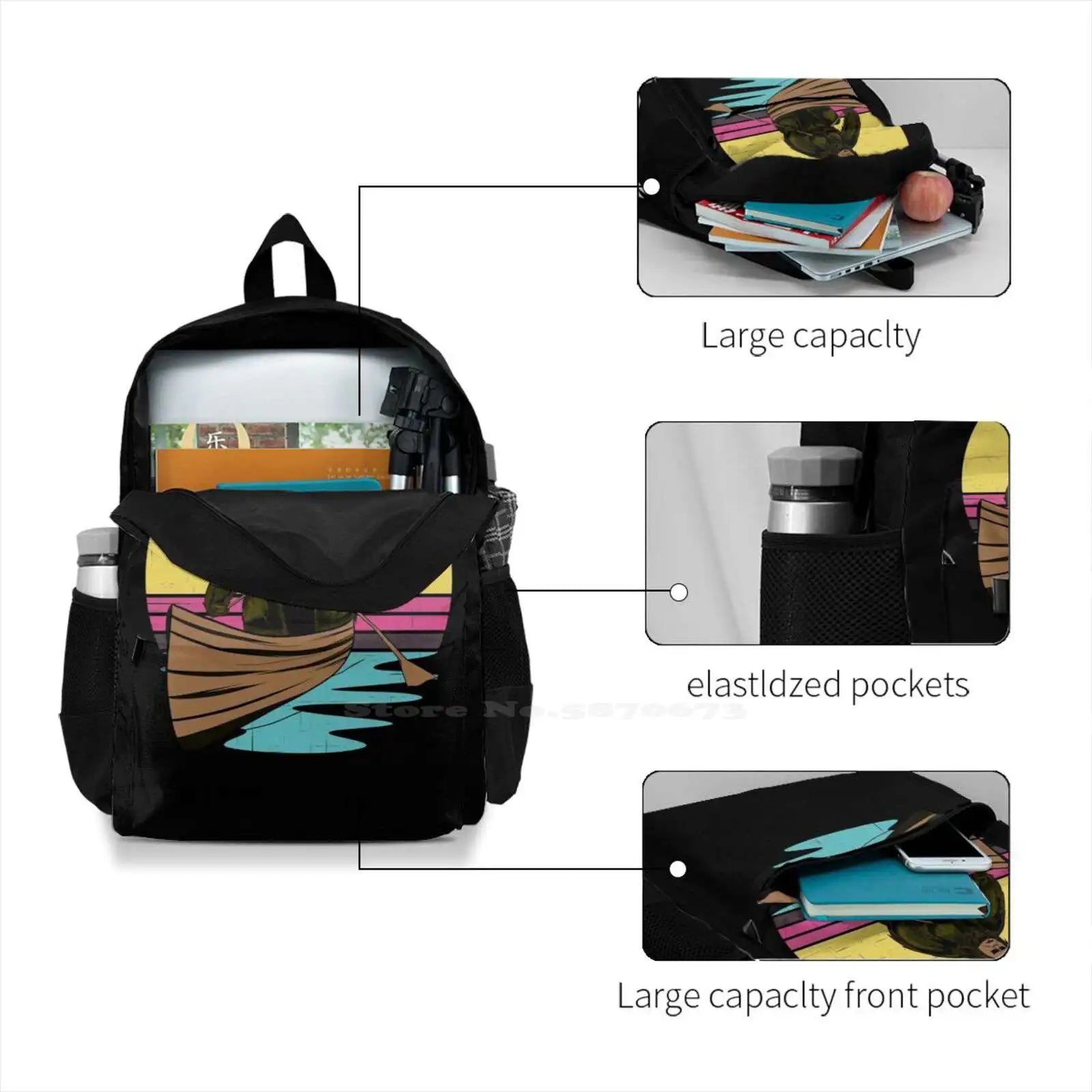 Bigfoot In a Boat Sasquatch Backpack for School Laptop Travel