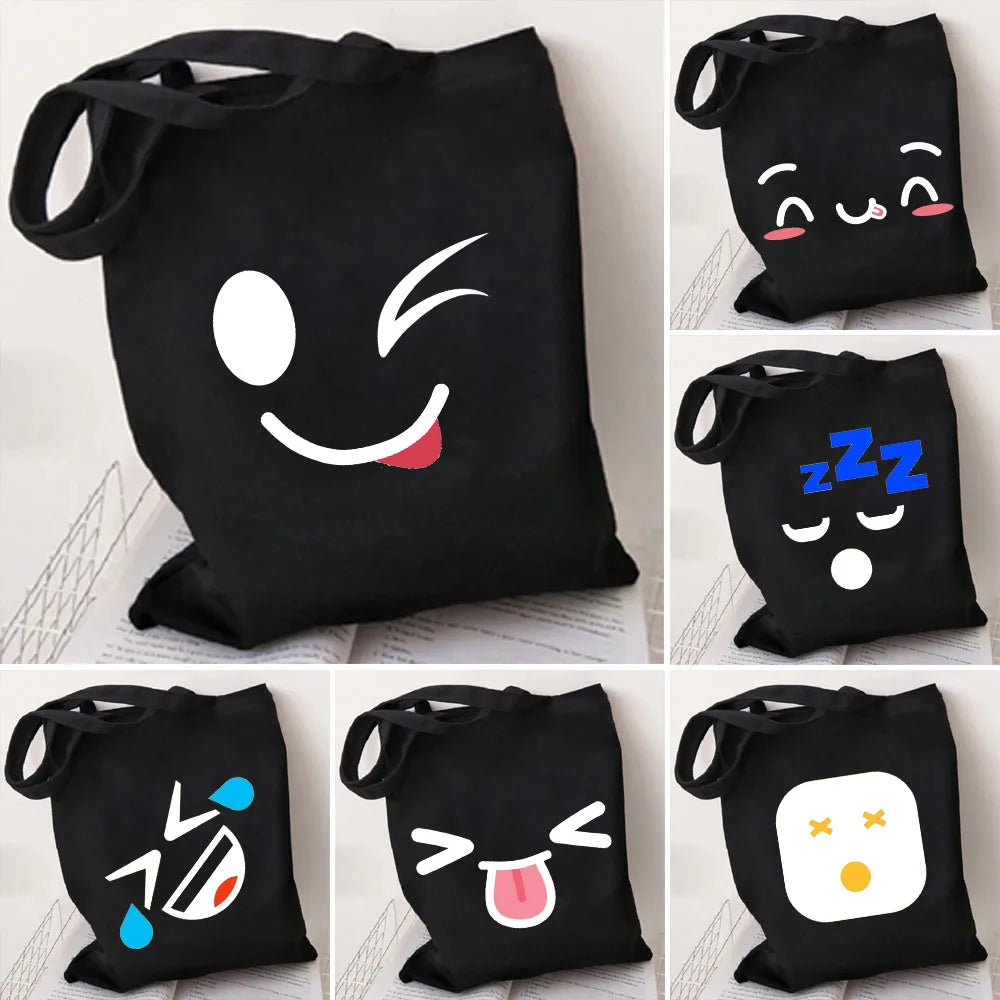 Anime Smiley Face Yellow Women Canvas Shoulder Shopping Bag
