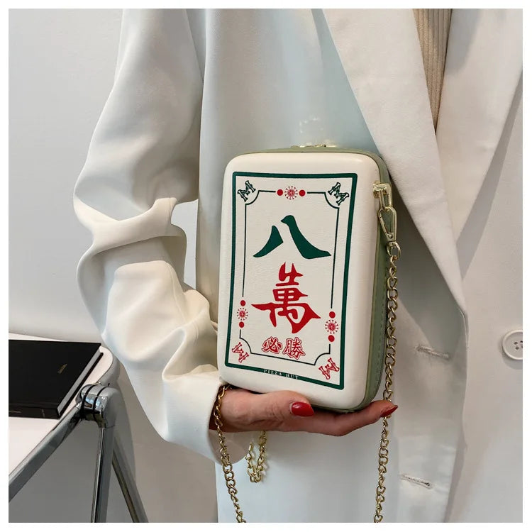 Funny Chinese Mahjong Rich Lucky Shoulder Bag PU Leather Crossbody Handbag Gift